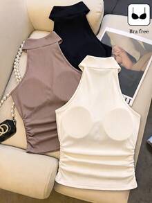 SHEIN Franclia Summer Fashion Elegant Sleeveless Bra-Less Tank Top With Built-In Cups, All-Match Versatile Halter Neck Multi-Piece Set For Women - Multicolor - View 2
