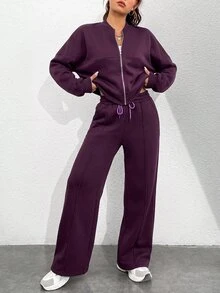 StreetHx 女款純色長袖前開拉鍊棒球領運動衫外套與長褲休閒兩件套 - 酒紅色 - 查看 3