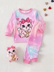 SHEIN 女嬰卡通印花圓領長袖上衣與內搭褲家居服套裝 - 粉色 - 查看 3