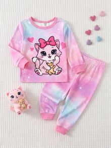 SHEIN 女嬰卡通印花圓領長袖上衣與內搭褲家居服套裝 - 粉色 - 查看 6
