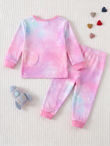 SHEIN 女嬰卡通印花圓領長袖上衣與內搭褲家居服套裝 - 粉色 - 查看 2