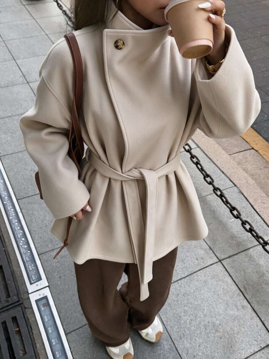 Struktiv Drop Shoulder Belted Overcoat - Apricot - View 1
