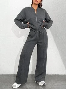 StreetHx 女款純色拉鍊棒球領運動衫與長褲休閒兩件套 - 灰色 - 查看 4
