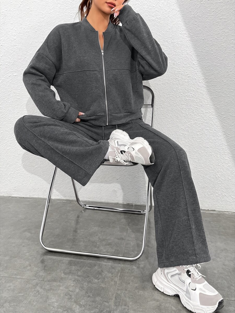 StreetHx 女款純色拉鍊棒球領運動衫與長褲休閒兩件套 - 灰色 - 查看 1