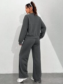 StreetHx 女款純色拉鍊棒球領運動衫與長褲休閒兩件套 - 灰色 - 查看 2