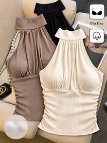 SHEIN Franclia 夏季時尚優雅無袖免內衣背心，內建胸墊，百搭掛脖式多件套裝女款 - 彩色 - 查看 7