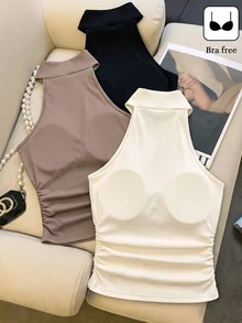 SHEIN Franclia 夏季時尚優雅無袖免內衣背心，內建胸墊，百搭掛脖式多件套裝女款 - 彩色 - 查看 2