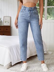 SHEIN بنطلون جينز مام بخصر عالي مقاس كبير، ستايل كاجوال، غسيل أزرق فاتح، قصة عادية، بأزرار جانبية - أزرق متوسط - مشاهدة 1