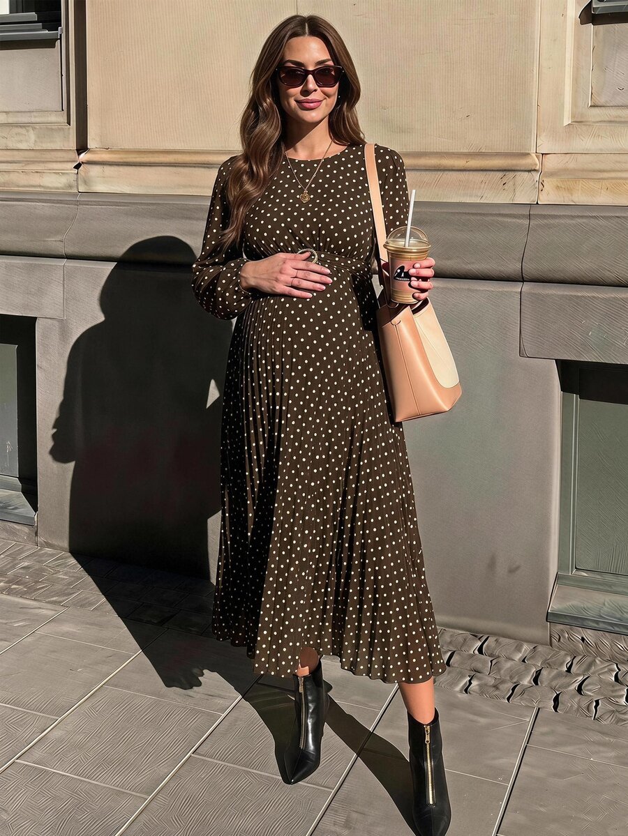 SHEIN Maternity Gentle French Polka Dot Print Long Sleeve Dress - Brown - View 1