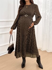 SHEIN فستان حمل لطيف بطبعة نقاط فرنسية وأكمام طويلة - بني - مشاهدة 4