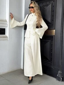 SHEIN PariChic Vintage Chinese Style Frog Button Set, Flared Sleeve Stand Collar Top + Wide Leg Pants, Soft Apricot Textured 2 Pieces Set/Commute/Daily/Chinese Style Outfit - Apricot - View 5