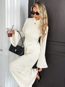 SHEIN PariChic Vintage Chinese Style Frog Button Set, Flared Sleeve Stand Collar Top + Wide Leg Pants, Soft Apricot Textured 2 Pieces Set/Commute/Daily/Chinese Style Outfit - Apricot - View 6