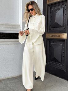 SHEIN PariChic Vintage Chinese Style Frog Button Set, Flared Sleeve Stand Collar Top + Wide Leg Pants, Soft Apricot Textured 2 Pieces Set/Commute/Daily/Chinese Style Outfit - Apricot - View 4