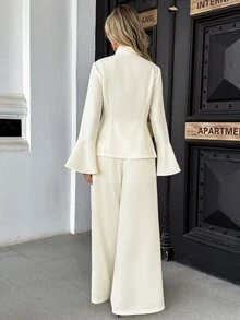 SHEIN PariChic Vintage Chinese Style Frog Button Set, Flared Sleeve Stand Collar Top + Wide Leg Pants, Soft Apricot Textured 2 Pieces Set/Commute/Daily/Chinese Style Outfit - Apricot - View 3