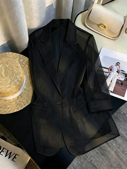 GlowEve CURVE Plus Size Women's Fall Blazer For Halloween. Made Of Lightweight Black Tulle Fabric, This Blazer Delivers An Elegant Look For Daily Wear.