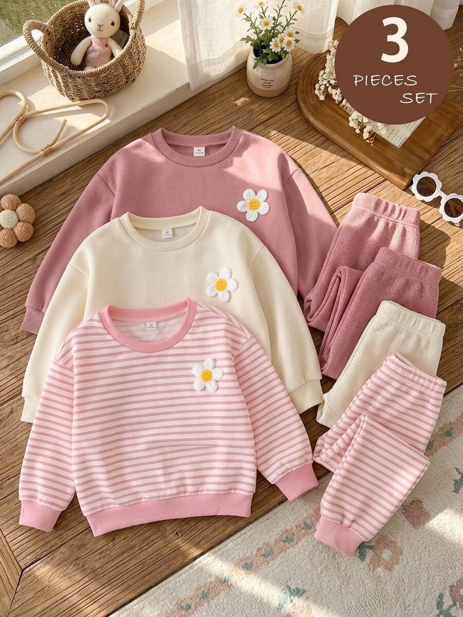 SHEIN 女童 3D 花卉裝飾圓領長袖休閒衛衣 - 彩色 - 查看 1