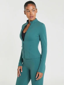 11SKNDS Full Zip Stand Collar Long Sleeve Fitted Sports Jacket With Thumb Holes Moisture Management Stretch Fabric Slim Cut With Breathable, For Gym Workout Fitness, Running, Training & Hy-Rox - Hunter Green - View 6