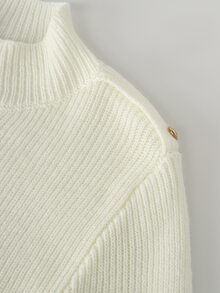 LUMIGAL Women's Solid Color Stand Collar Long Sleeve Shoulder Button Design Fitted Sweater Office Brunch Off-White Autumn French Elegant - White - View 6