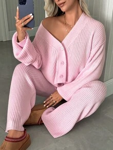 SHEIN Women's Solid Color Dropped Shoulder Long Sleeve Knit Cardigan And Knit Pants Loose Lazy Two Pieces Set - Pink - View 7