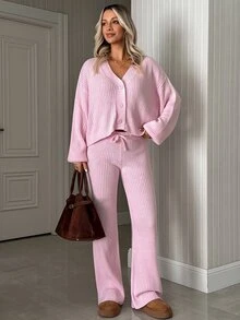 SHEIN Women's Solid Color Dropped Shoulder Long Sleeve Knit Cardigan And Knit Pants Loose Lazy Two Pieces Set - Pink - View 6