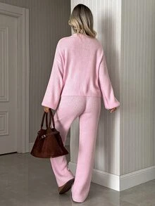 SHEIN Women's Solid Color Dropped Shoulder Long Sleeve Knit Cardigan And Knit Pants Loose Lazy Two Pieces Set - Pink - View 4