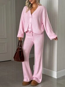 SHEIN Women's Solid Color Dropped Shoulder Long Sleeve Knit Cardigan And Knit Pants Loose Lazy Two Pieces Set - Pink - View 5