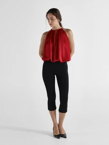 KSTM Satin Halter Neck Blouse With Ruched Neckline And Bubble Hem Flowy Crop Top Perfect For Party Night Out Summer - Red - View 2