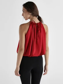 KSTM Satin Halter Neck Blouse With Ruched Neckline And Bubble Hem Flowy Crop Top Perfect For Party Night Out Summer - Red - View 5