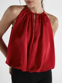 KSTM Satin Halter Neck Blouse With Ruched Neckline And Bubble Hem Flowy Crop Top Perfect For Party Night Out Summer - Red - View 1
