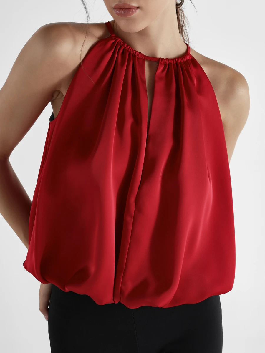 KSTM Satin Halter Neck Blouse With Ruched Neckline And Bubble Hem Flowy Crop Top Perfect For Party Night Out Summer - Red - View 1