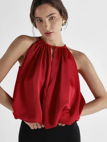 KSTM Satin Halter Neck Blouse With Ruched Neckline And Bubble Hem Flowy Crop Top Perfect For Party Night Out Summer - Red - View 4
