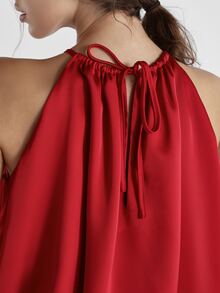 KSTM Satin Halter Neck Blouse With Ruched Neckline And Bubble Hem Flowy Crop Top Perfect For Party Night Out Summer - Red - View 6