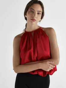 KSTM Satin Halter Neck Blouse With Ruched Neckline And Bubble Hem Flowy Crop Top Perfect For Party Night Out Summer - Red - View 3