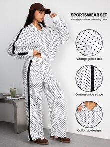 SHEIN Dewbera Set Olahraga Wanita Musim Gugur/Dingin 2 Potong Motif Polkadot Putih dan Hitam Kerah Tegak Jaket Lengan Panjang Ritsleting Penuh dengan Patchwork Samping Warna Kontras - MultiWarna - View 1