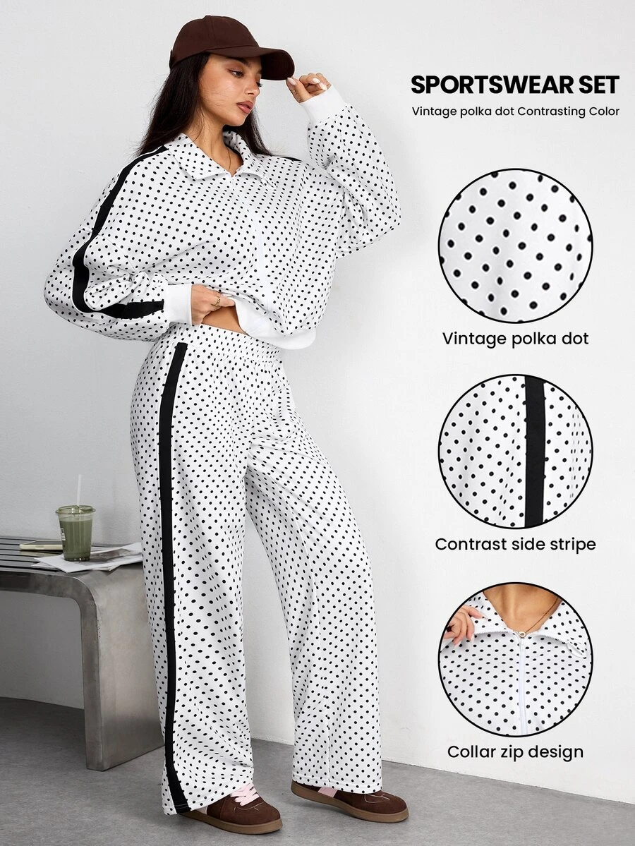 SHEIN Dewbera Set Olahraga Wanita Musim Gugur/Dingin 2 Potong Motif Polkadot Putih dan Hitam Kerah Tegak Jaket Lengan Panjang Ritsleting Penuh dengan Patchwork Samping Warna Kontras - MultiWarna - View 1