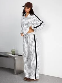 SHEIN Dewbera Set Olahraga Wanita Musim Gugur/Dingin 2 Potong Motif Polkadot Putih dan Hitam Kerah Tegak Jaket Lengan Panjang Ritsleting Penuh dengan Patchwork Samping Warna Kontras - MultiWarna - View 3