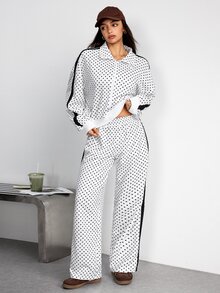 SHEIN Dewbera Set Olahraga Wanita Musim Gugur/Dingin 2 Potong Motif Polkadot Putih dan Hitam Kerah Tegak Jaket Lengan Panjang Ritsleting Penuh dengan Patchwork Samping Warna Kontras - MultiWarna - View 5