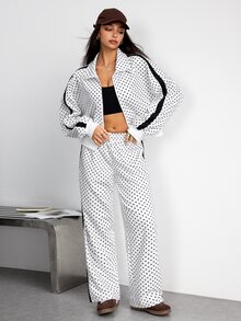 SHEIN Dewbera Set Olahraga Wanita Musim Gugur/Dingin 2 Potong Motif Polkadot Putih dan Hitam Kerah Tegak Jaket Lengan Panjang Ritsleting Penuh dengan Patchwork Samping Warna Kontras - MultiWarna - View 4