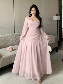 Modelyn 披肩領泡泡長袖收腰不對稱百褶雪紡大裙擺洋裝，婚禮新娘單身派對適用，藕粉色，秋季浪漫優雅風 - 粉色 - 查看 9
