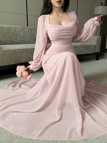 Modelyn 披肩領泡泡長袖收腰不對稱百褶雪紡大裙擺洋裝，婚禮新娘單身派對適用，藕粉色，秋季浪漫優雅風 - 粉色 - 查看 4