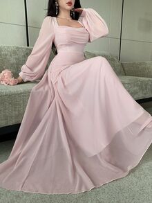 Modelyn 披肩領泡泡長袖收腰不對稱百褶雪紡大裙擺洋裝，婚禮新娘單身派對適用，藕粉色，秋季浪漫優雅風 - 粉色 - 查看 5