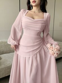 Modelyn 披肩領泡泡長袖收腰不對稱百褶雪紡大裙擺洋裝，婚禮新娘單身派對適用，藕粉色，秋季浪漫優雅風 - 粉色 - 查看 7