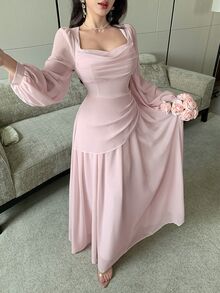 Modelyn 披肩領泡泡長袖收腰不對稱百褶雪紡大裙擺洋裝，婚禮新娘單身派對適用，藕粉色，秋季浪漫優雅風 - 粉色 - 查看 8
