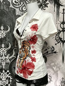 Lalippa Women's Tiger Print Short Sleeve Button Half-Placket Casual T-Shirt - White - View 5