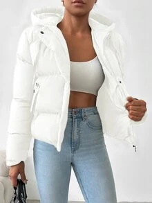 SHEIN معطف شتوي منتفخ كاجوال للنساء مقاس صغير بسحاب وأزرار كبس وحبل شد وغطاء رأس بلون أبيض سادة - أبيض - مشاهدة 4