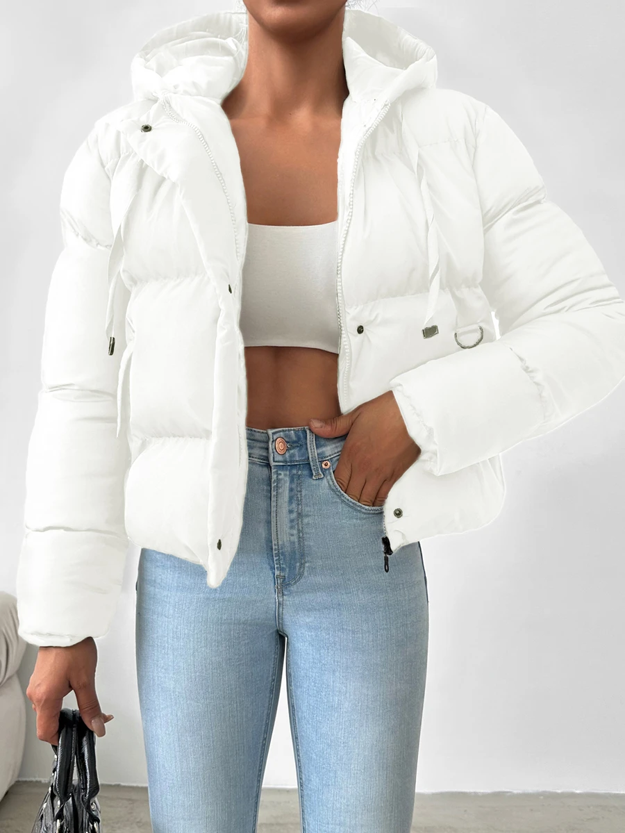 SHEIN معطف شتوي منتفخ كاجوال للنساء مقاس صغير بسحاب وأزرار كبس وحبل شد وغطاء رأس بلون أبيض سادة - أبيض - مشاهدة 1