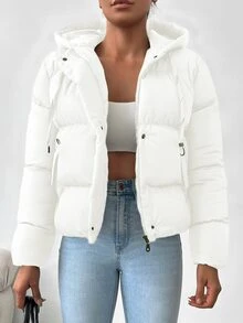SHEIN معطف شتوي منتفخ كاجوال للنساء مقاس صغير بسحاب وأزرار كبس وحبل شد وغطاء رأس بلون أبيض سادة - أبيض - مشاهدة 6