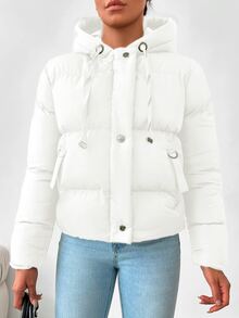 SHEIN معطف شتوي منتفخ كاجوال للنساء مقاس صغير بسحاب وأزرار كبس وحبل شد وغطاء رأس بلون أبيض سادة - أبيض - مشاهدة 7