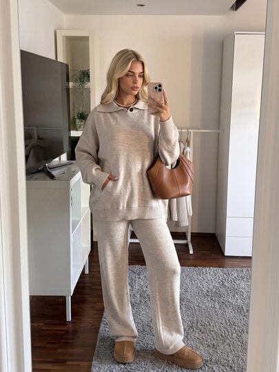 Cloudara Women's Solid Color Lapel Drop Shoulder Long Sleeve Pocket Sweater And Knitted Pants Casual 2 Pieces Set