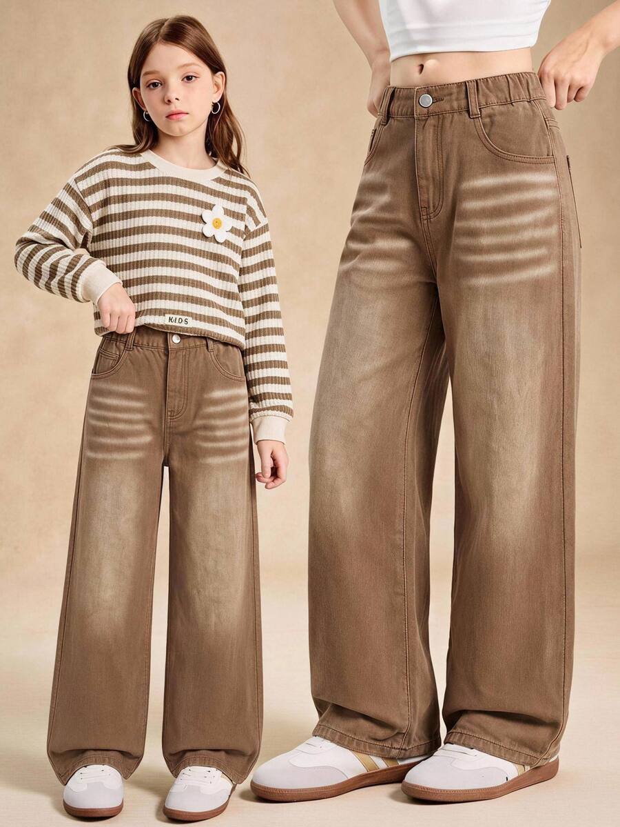 SHEIN Genkimix Kids 女童牛仔長褲,四季新款,美式休閒復古棕色牛仔,彈性腰頭設計,結合貓鬚與噴洗效果,牛仔磨損洗水工藝,直筒寬腿版型,柔軟舒適面料,百搭,適合日常出遊、聚會、旅行等多種場景,四季新款女童牛仔長褲 - 棕色 - 查看 1